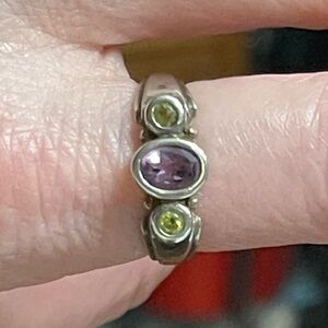Artist Signed 925 Sterling Silver Bezel Set Amethyst & Peridot Statement Ring